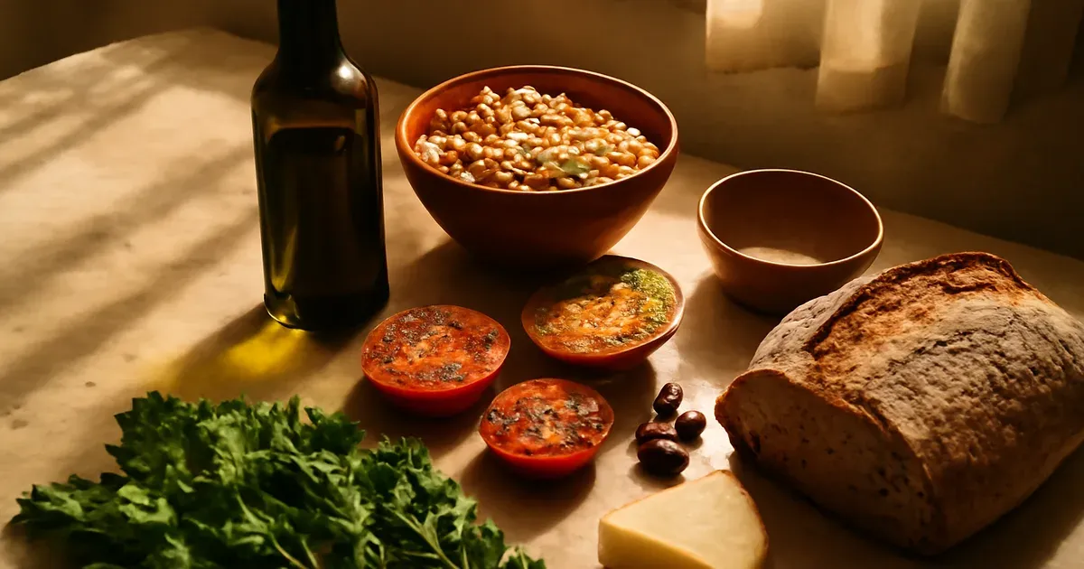 Mediterranean diet foods including olive oil, legumes, and vegetables linked to gut microbiome diversity and longevity