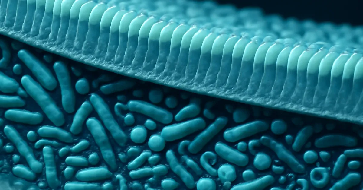 Illustration of the gut microbiome diversity showing bacteria in the intestinal lining, relevant to menopause gut health changes