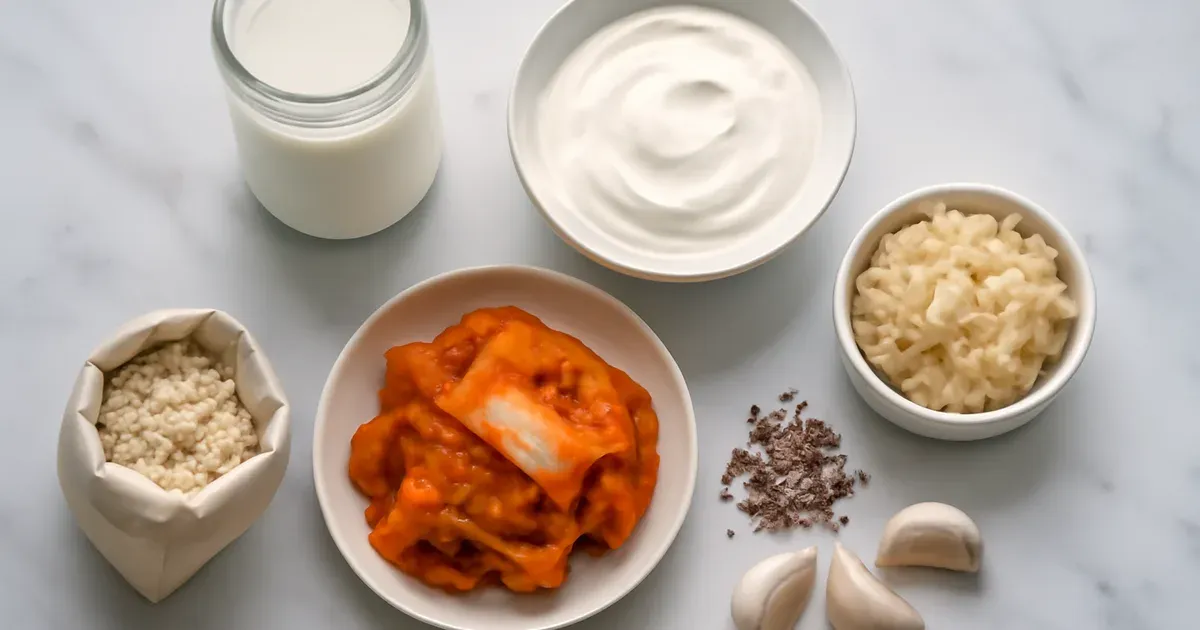 Probiotic and prebiotic foods including kefir, yoghurt, kimchi and flaxseeds to support menopause gut health