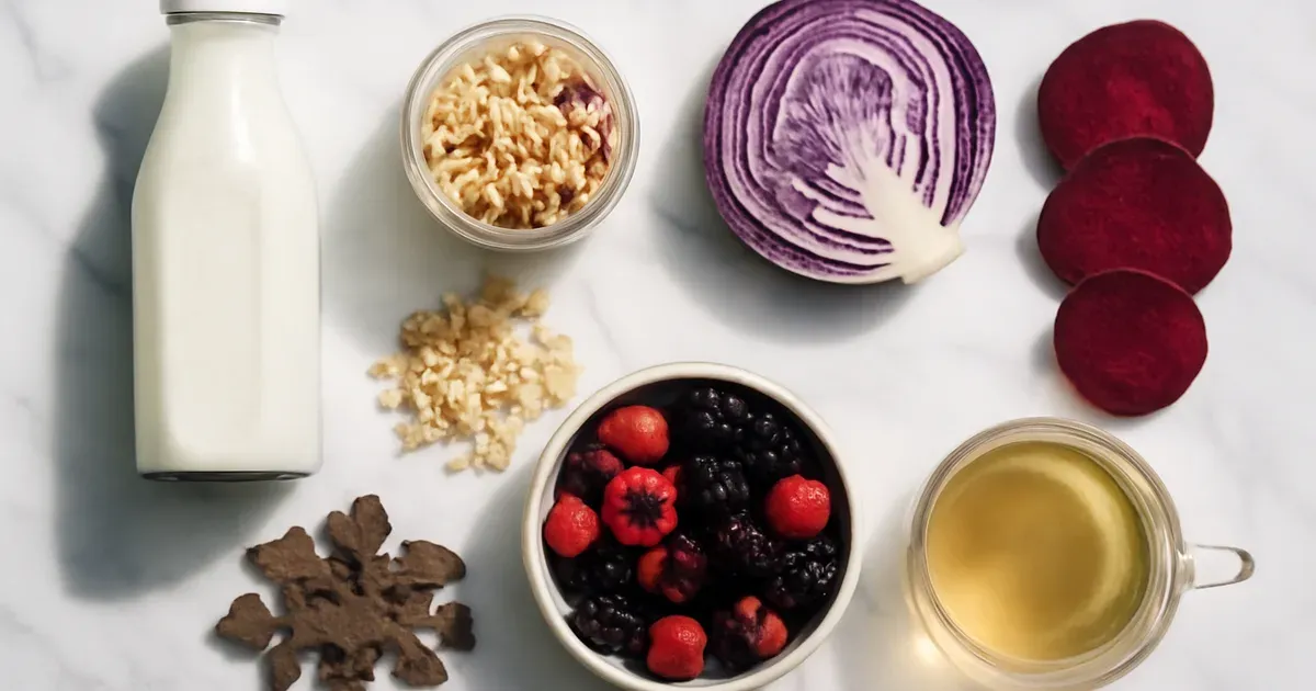 Overhead flat-lay of fermented and fibre-rich foods supporting the gut microbiome during menopause