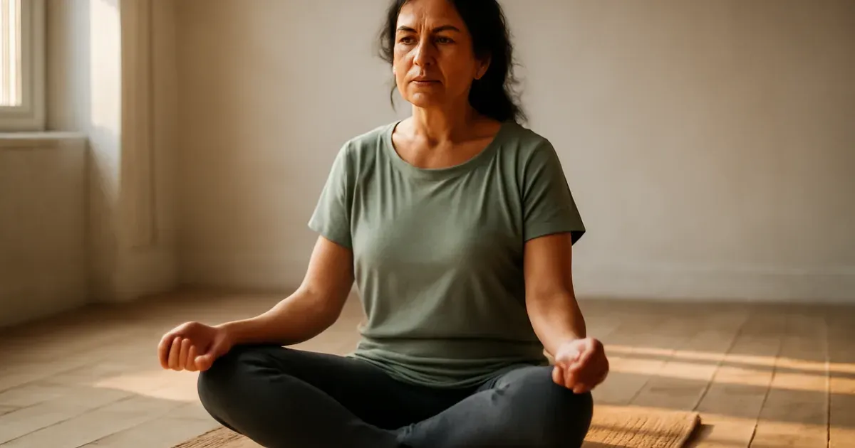 Midlife woman practising mindfulness yoga to support gut-brain axis and menopause gut health symptoms