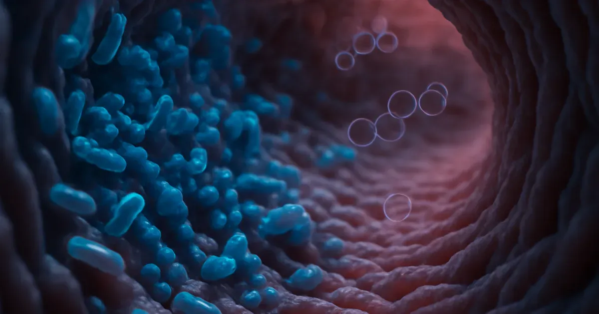 Illustration of the estrobolome — gut bacteria metabolising estrogen along the intestinal wall