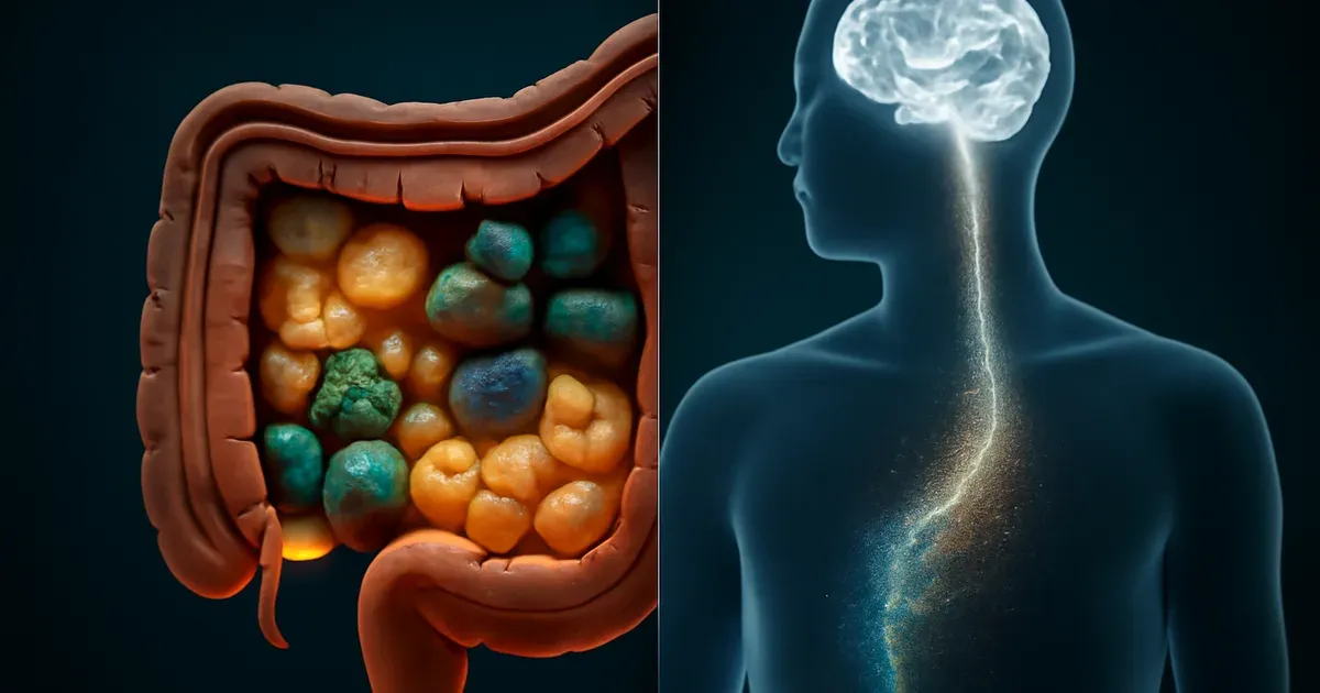 Gut-brain axis diagram showing bidirectional communication between gut microbiome and the brain during menopause