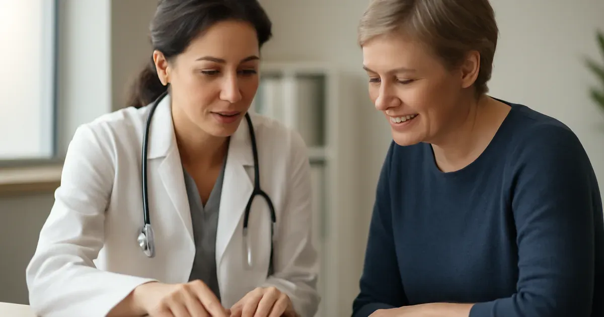 Doctor and menopausal woman discussing hormone therapy and gut microbiome health in a consultation