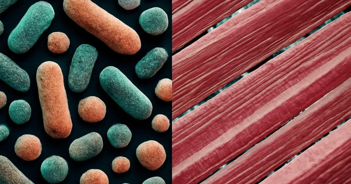 Gut microbiome bacteria illustrated alongside muscle fibres showing the gut-muscle connection