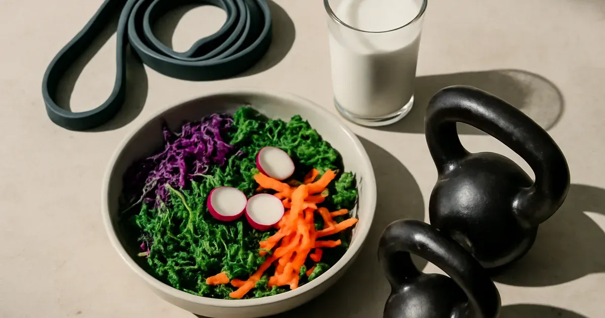Kettlebells and fibre-rich foods representing the connection between exercise and gut microbiome health