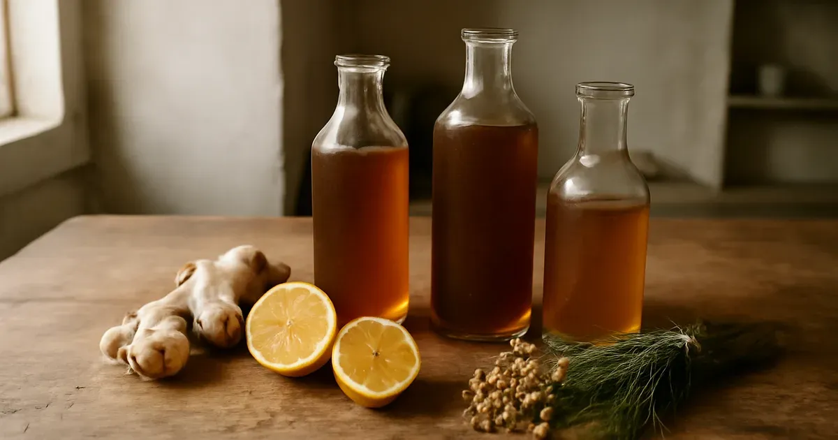 Glass bottles of natural digestive tonics with ginger and herbs on a wooden kitchen counter
