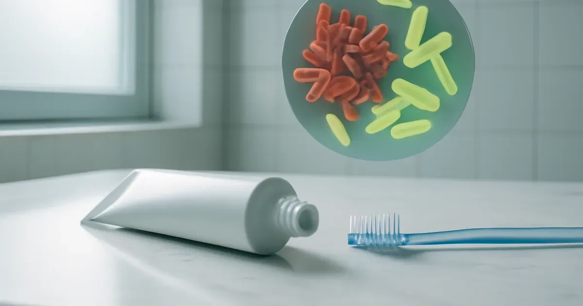 Toothpaste and toothbrush beside a microbiome graphic showing targeted gum disease bacteria treatment