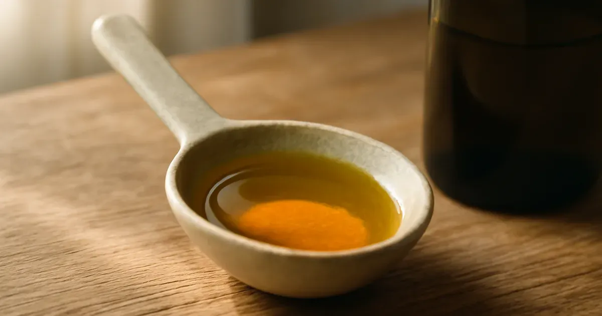 A ceramic spoon of extra-virgin olive oil beside a bottle, representing olive oil gut health benefits
