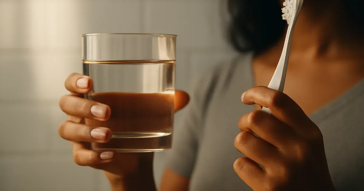 Person holding toothbrush and water glass as part of a daily oral hygiene routine supporting oral microbiome health UK