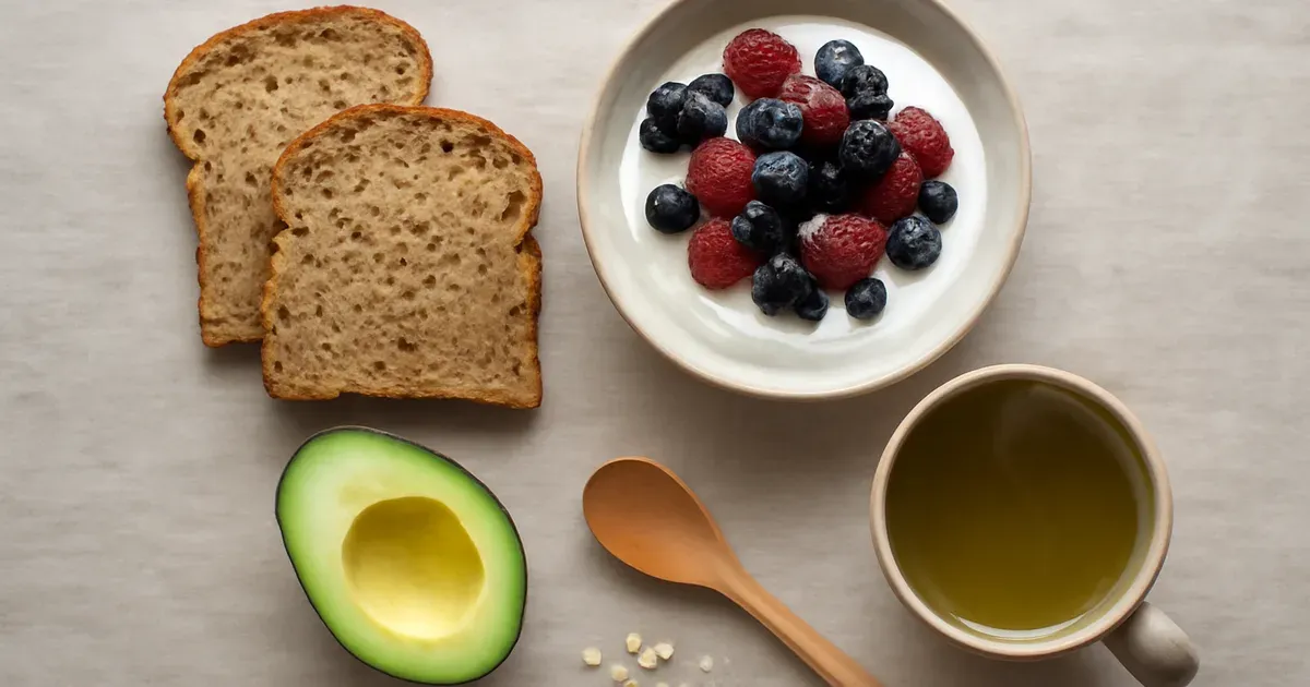 High-fibre UK breakfast foods including yoghurt, berries and wholegrain toast supporting gut health and oral microbiome