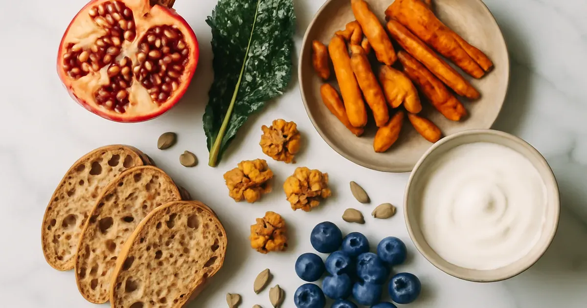 Overhead flat-lay of whole foods including vegetables, fruits, nuts and yoghurt that support a healthy oral microbiome and gut health