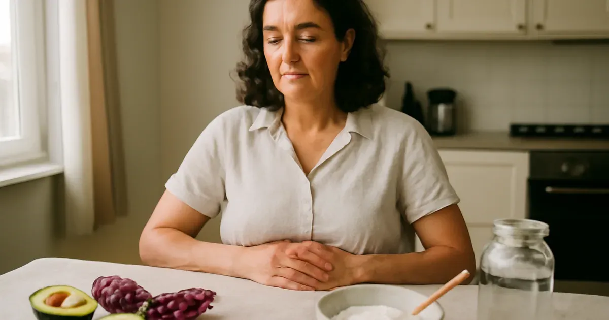 Woman in her 40s at kitchen table with gut-healthy foods, representing perimenopause and gut health