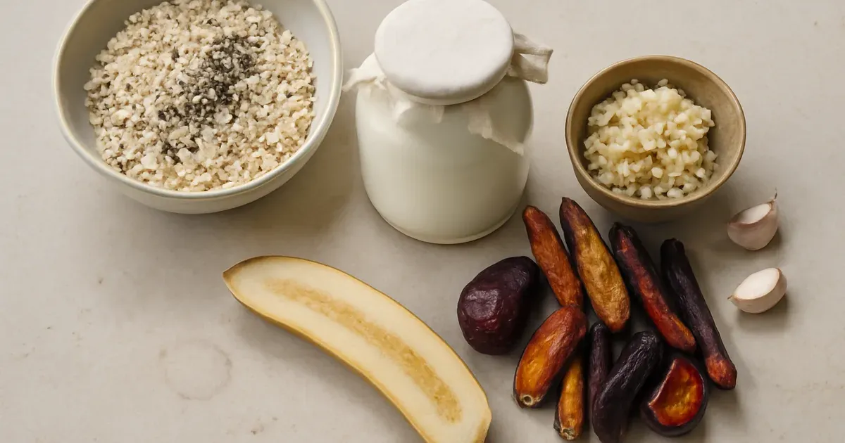 Gut-healthy foods including kefir, oats, fermented vegetables and colourful plants to support microbiome in perimenopause