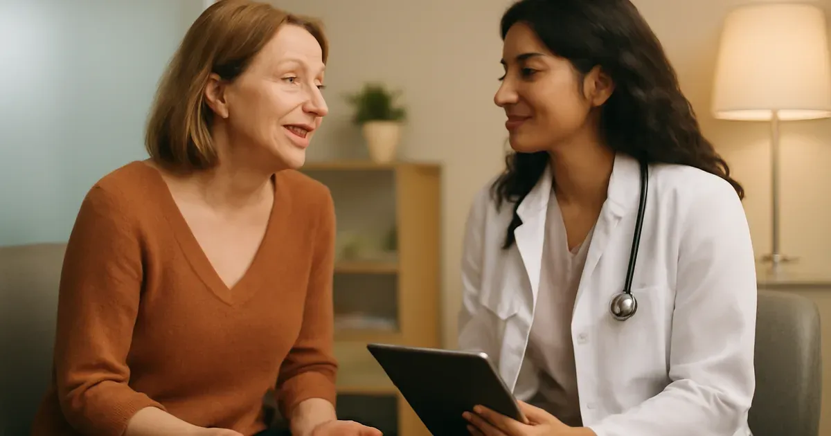 Woman discussing perimenopause and gut health digestive symptoms with her doctor in a bright clinic