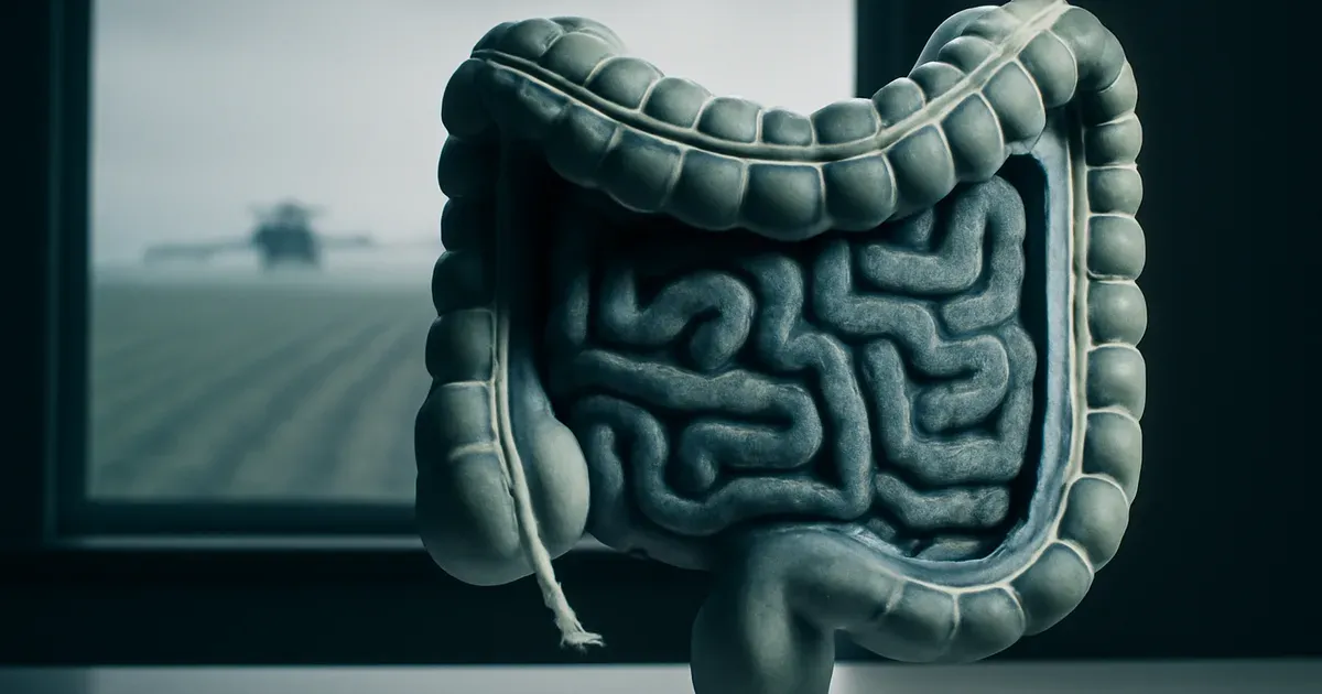 Scientific illustration of the human gut microbiome with pesticide spray in background, showing potential disruption