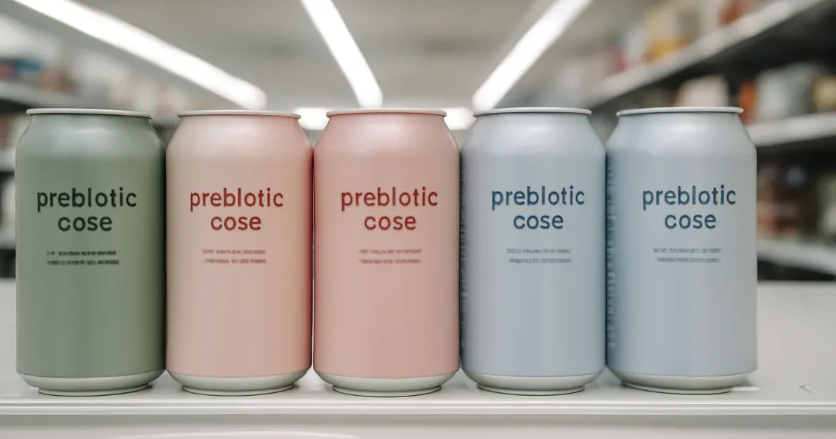 Colourful prebiotic soda cans on a UK supermarket shelf, representing the gut health drink trend