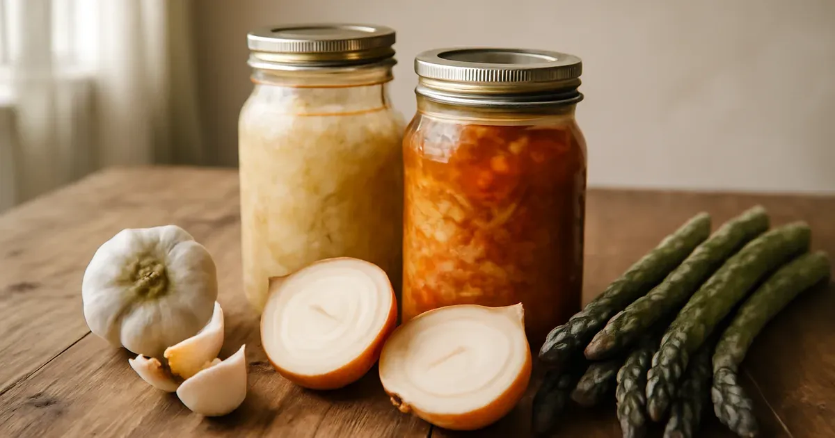 Probiotic and prebiotic foods including kimchi, sauerkraut, garlic and asparagus arranged on a wooden table for gut health