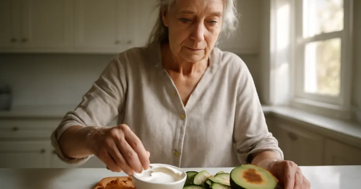 Senior adult preparing healthy fermented foods linked to probiotics and brain health aging research