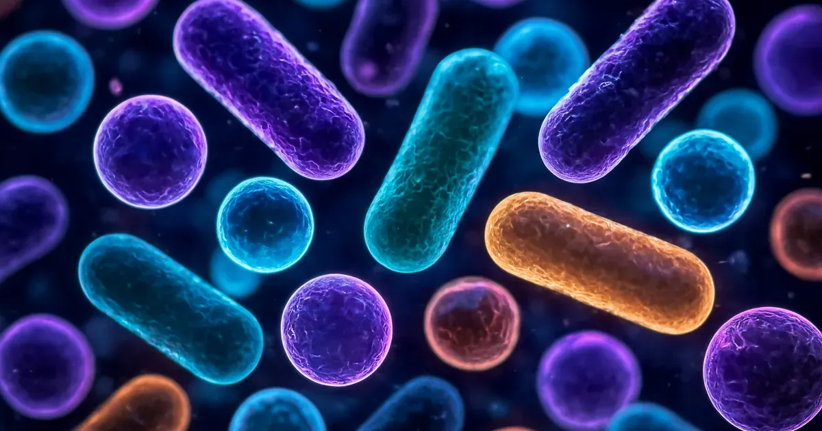 Macro illustration of diverse gut microbiome bacteria relevant to the gut-brain axis and psilocybin research