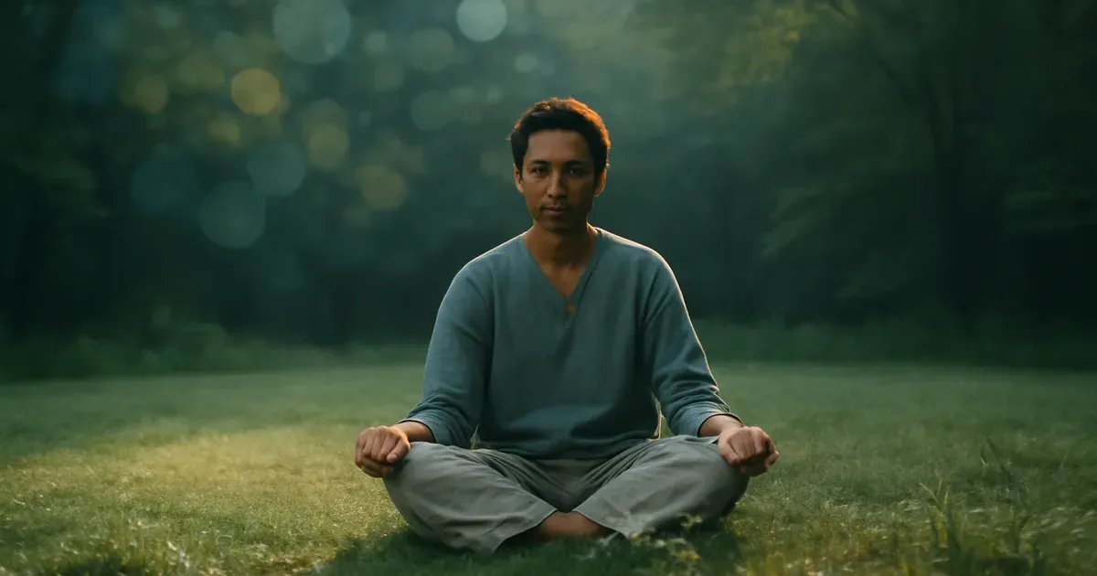 Person meditating in nature with subtle gut microbiome overlay representing holistic psilocybin gut-brain axis wellness