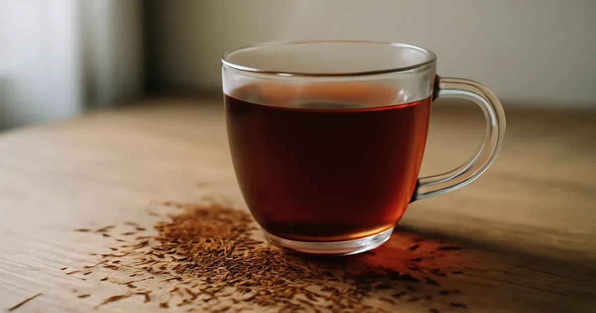Glass cup of rooibos tea with dried leaves on a wooden surface, illustrating rooibos tea gut health benefits