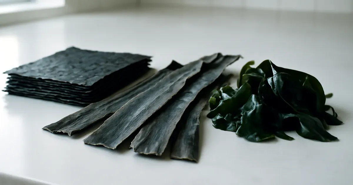Assorted sea vegetables including nori, kombu and wakame supporting seaweed gut health on a white surface