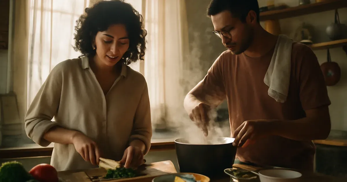 Two housemates cooking together in a shared kitchen, representing gut microbiome health benefits of cohabitation