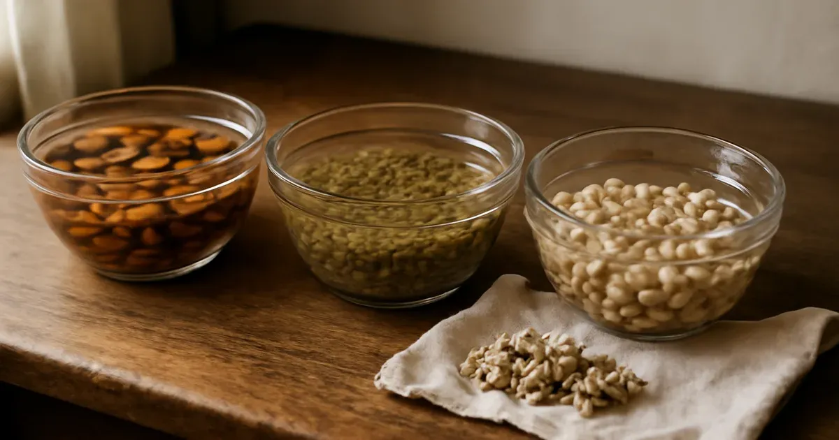 Glass bowls of soaking nuts and legumes beside sprouted lentils, illustrating reducing tannins in nuts and legumes