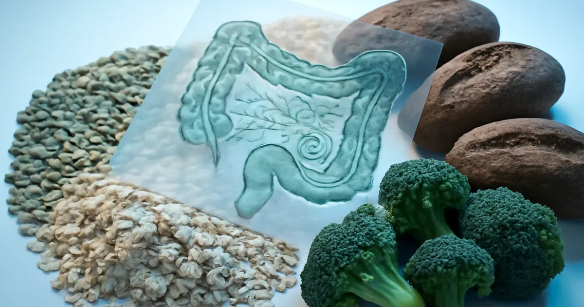 Cross-section of human colon illustration overlaid on high-fiber foods showing uremic toxins gut diet connection