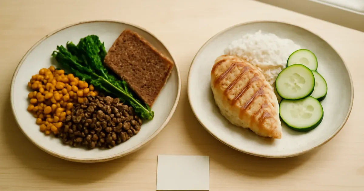 Two meal plates comparing high-fiber and high-protein diets illustrating the protein-fiber index for uremic toxin gut diet