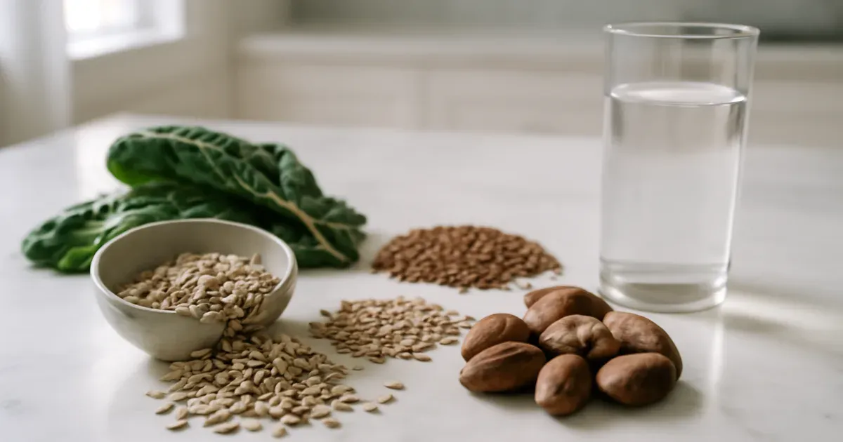 Thiamine-rich foods supporting vitamin B1 digestion and gut health on a kitchen counter