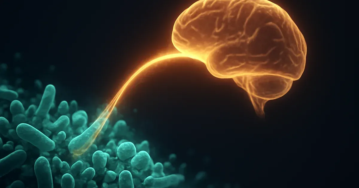 Gut-brain axis illustration showing neural connection between microbiome and brain, relevant to vitamin B1 digestive health