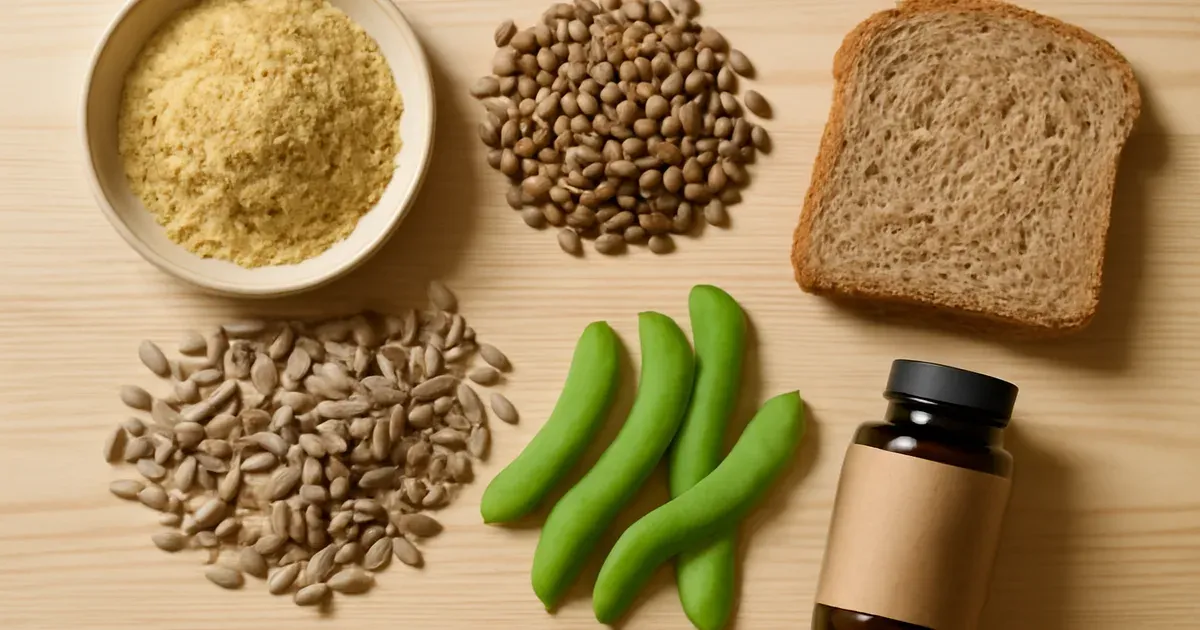 Top-down view of thiamine-rich foods including nutritional yeast, lentils and sunflower seeds for vitamin B1 digestive health