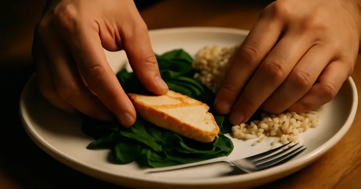 Person arranging a plate with vegetables and protein before carbohydrates to boost GLP-1 through meal sequencing