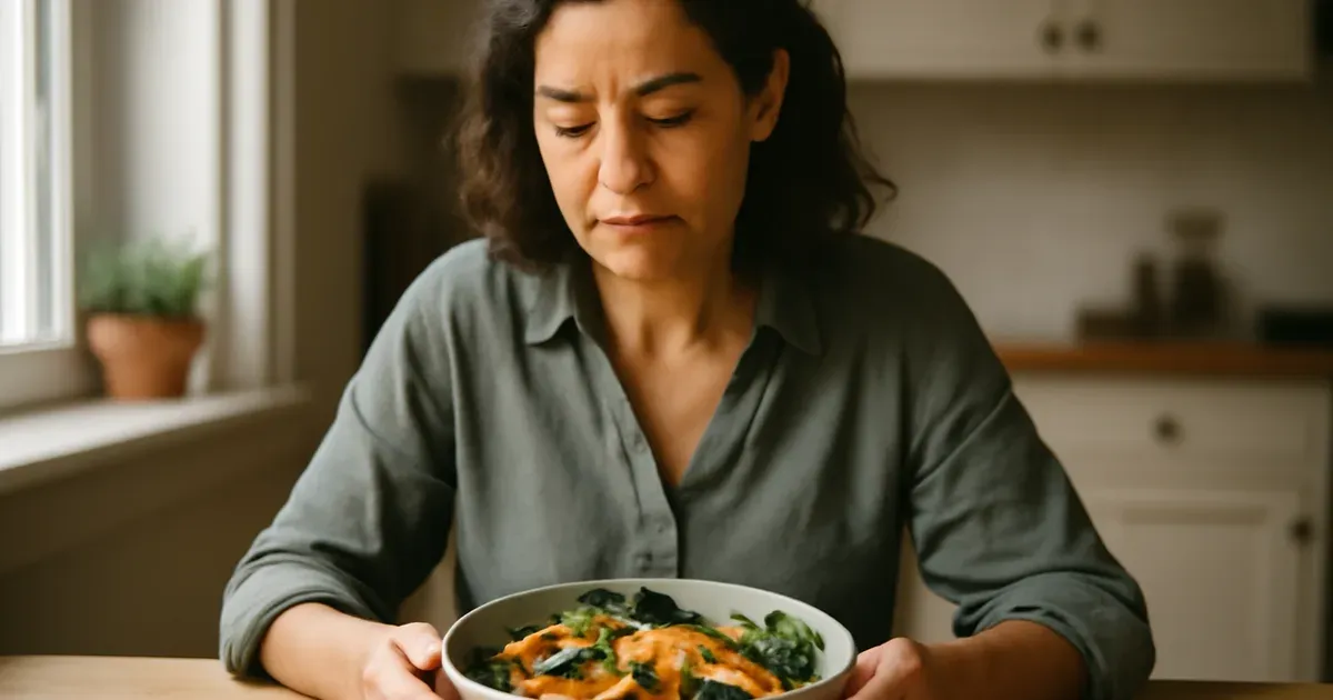 Woman over 40 eating a gut-healthy meal to support weight loss after 40 for women