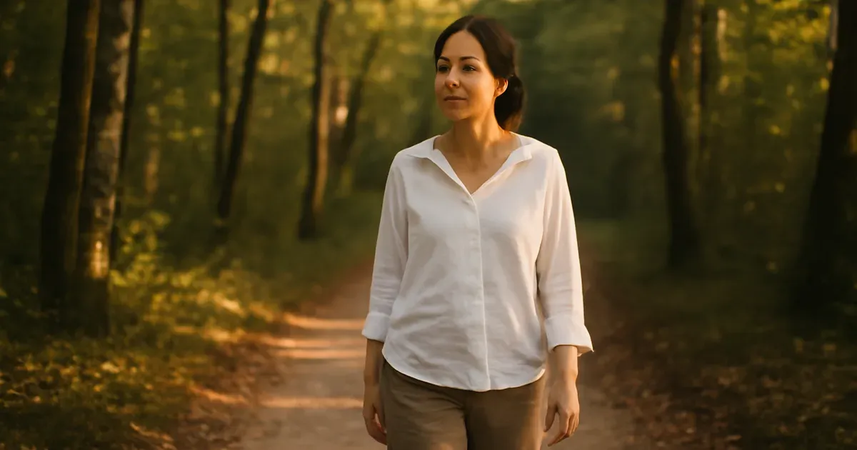 Woman over 40 walking outdoors to reduce cortisol and support gut-brain axis health