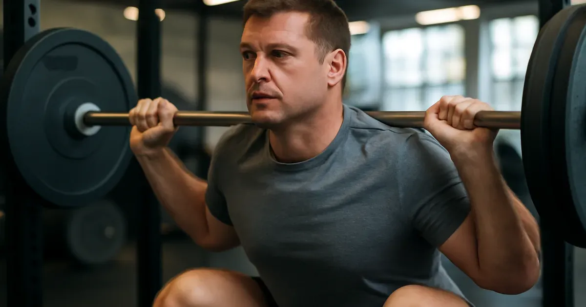 Man over 40 doing strength training squats to combat sarcopenia and support weight loss after 40