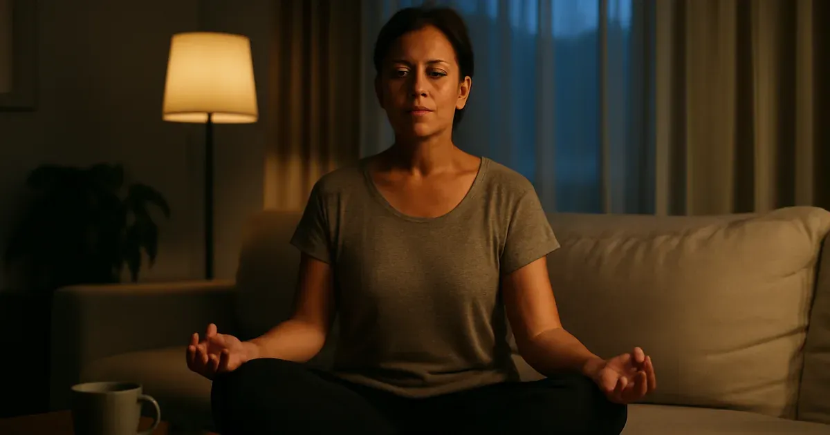 Woman over 40 meditating to lower cortisol and support gut-brain axis health for weight loss after 40