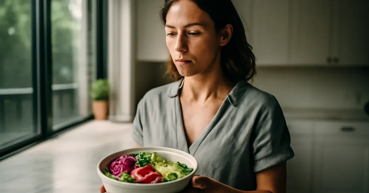Woman in her 40s preparing healthy food in a bright kitchen, representing weight loss in your 40s