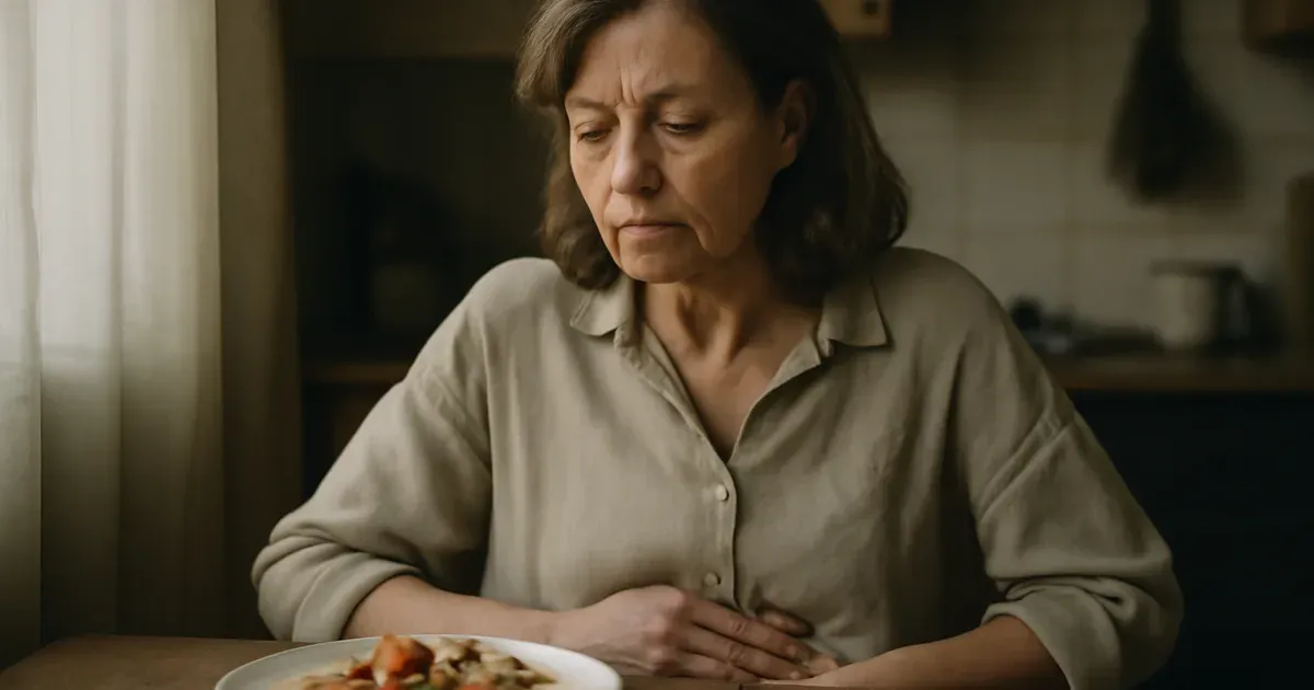 Middle-aged adult experiencing stomach pain at kitchen table, illustrating digestive problems aging gut health