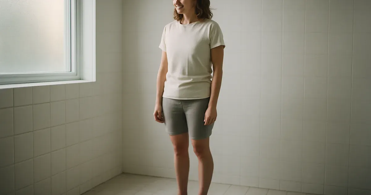 Person standing on bathroom scale reflecting on weight regain gut-brain connection, soft morning light