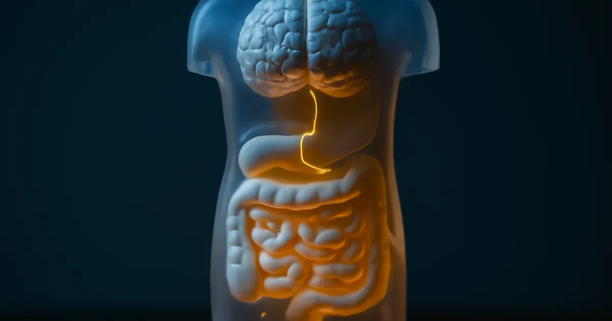Illustration of the gut-brain axis showing neural pathways connecting gut microbiome to brain appetite centres