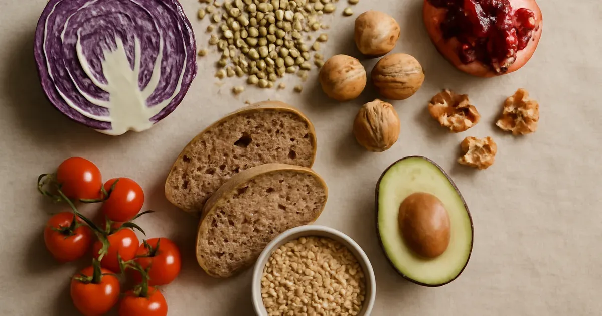 Flat-lay of fibre-rich whole foods that support gut microbiome diversity and weight regain gut-brain signalling