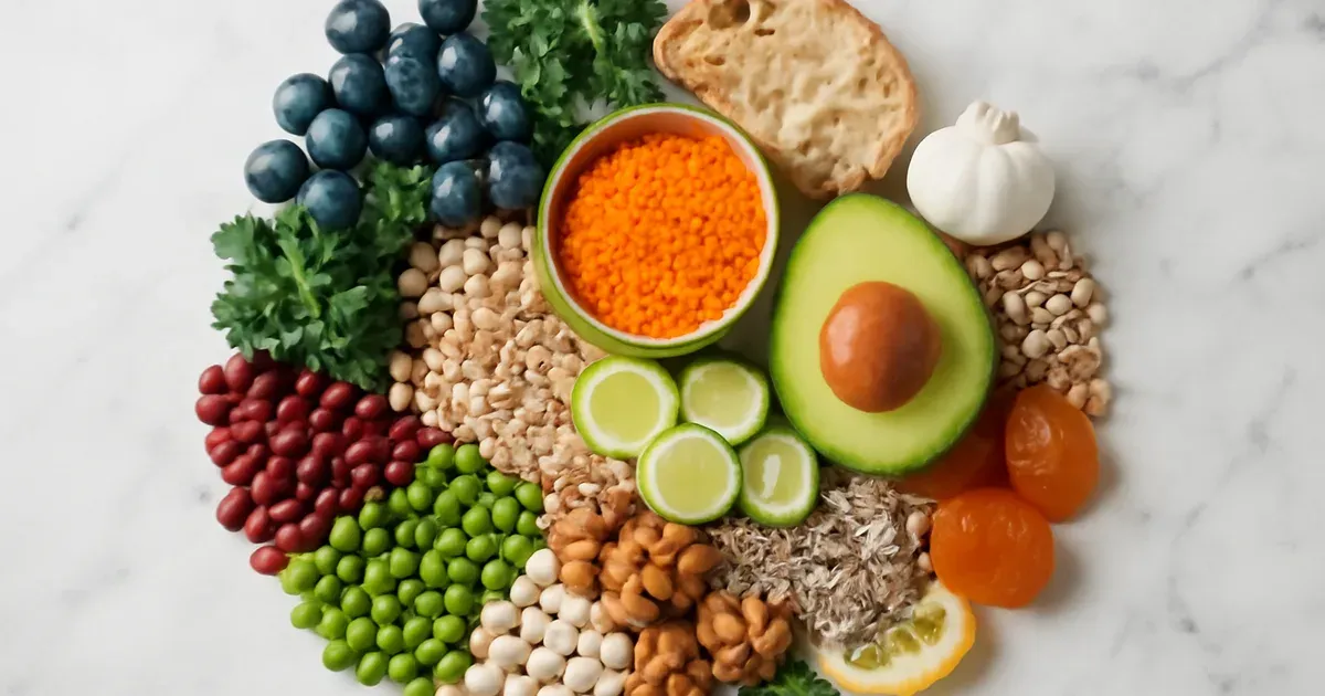 30 diverse plant foods for gut microbiome diversity laid out on a marble surface for gut health UK