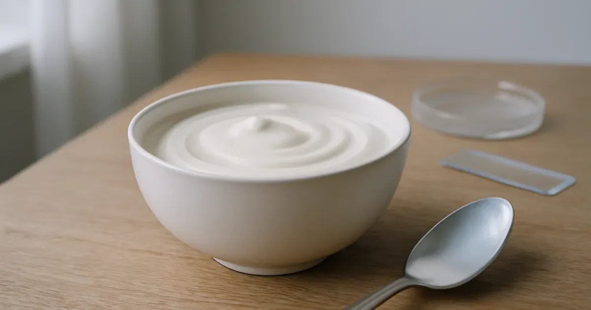 Bowl of probiotic yogurt linked to oral health and gut microbiome benefits, on a clean wooden surface