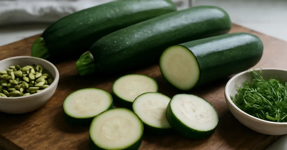 Fresh sliced zucchini on a wooden surface highlighting its gut health nutrients and fiber content
