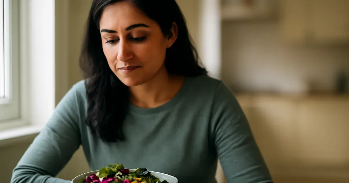 Illustration of the gut-brain connection showing microbiome bacteria alongside a woman eating healthily for gut health UK