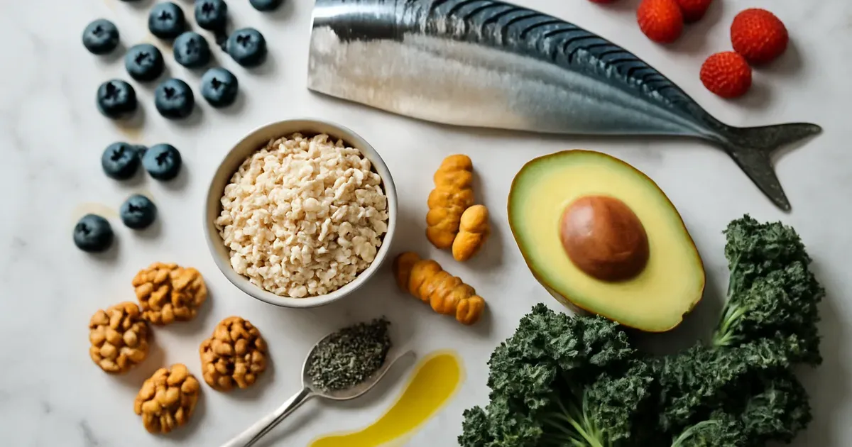 Flat-lay of anti-inflammatory foods including oily fish, berries, oats, and olive oil for improving gut health UK naturally