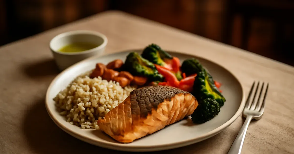 A well-portioned anti-inflammatory dinner plate with salmon, roasted vegetables, and brown rice following gut health UK guidelines